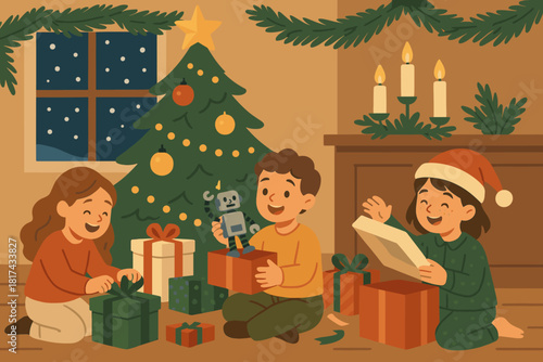 Glowing unwrapping joyful snow excitedly around christmas gifts tree vector visible illustration