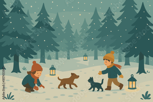 Peaceful quietly scene glowing serenity illustration footprints pine vector softly forest winter