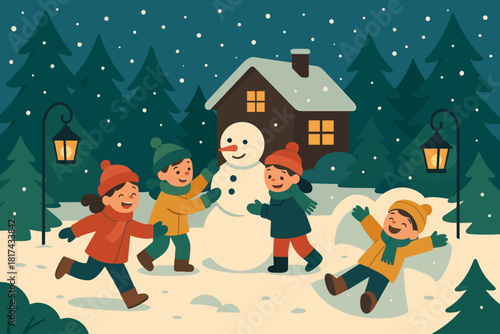 Magical yard winter joyful illustration playing pine vector lanterns drifting snowflakes gathering