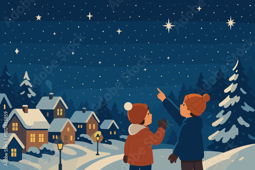 Evening illustration lanterns children vector winter rooftops pointing village pine magical starry