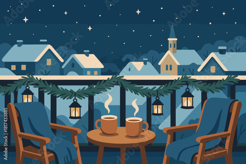 Rooftops chairs balcony vector illustration starry scene mugs winter overlooking retreat cocoa