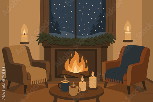 Falling illustration cozy table vector glowing retreat garlands fireplace winter night candles