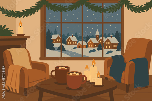 Cozy over view peaceful cocoa winter chairs village vector scene illustration snowy