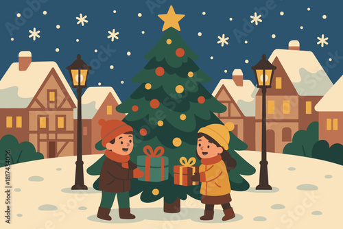 Around exchange illustration tree exchanging children vector festive presents rooftops pine village