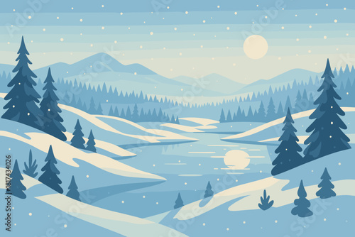 Frozen winter vector pine distant ponds morning serene illustration panoramic panorama rolling