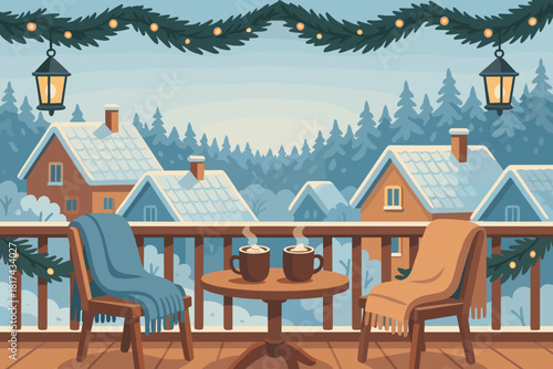 Table vector overlooking winter rooftops lanterns morning cozy forest illustration balcony blankets