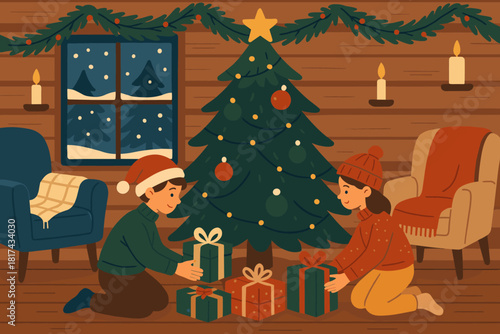 Pine vector around tree gift illustration cabin christmas placing chairs cozy inside