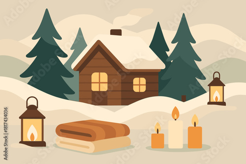 Minimalist pine retreat lanterns scene vector winter glowing cabin cozy blankets illustration