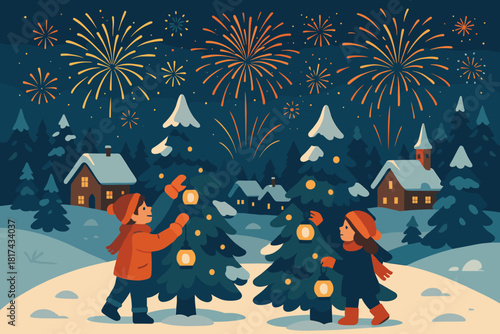 Vector festive lanterns illustration night exploding pine children rooftops trees celebration winter