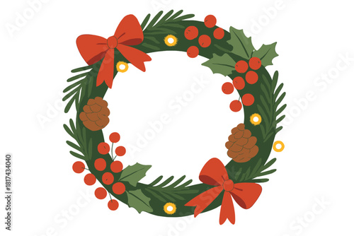 Illustration holly holiday decoration festive wreath circular glowing branches minimalist vector lights
