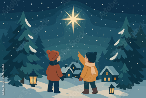 Lanterns illustration nighttime vector gazing glowing star sky pointing trees children drifting