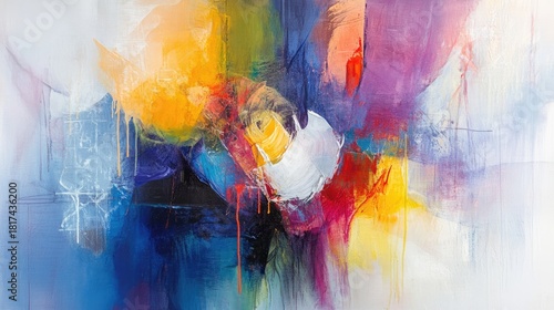 Abstract canvas covered in bright brush strokes and splashes of pink, orange, blue, and black paint in thick layered strokes and dripping marks. Generative by AI