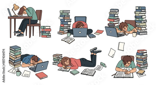 Collection of illustrations depicting an exhausted student experiencing burnout, sleeping among piles of books and a laptop, symbolizing academic pressure