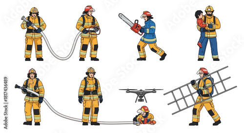 Illustrative set showcasing dedicated firefighters engaged in vital emergency response duties, equipped with essential tools for rescue operations and ensuring community safety