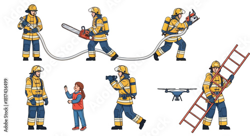 Illustrations of firefighters in action with equipment and a drone, highlighting safety and rescue operations