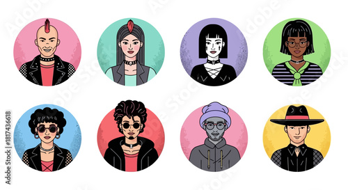 Diverse collection of stylized character portraits, representing various subcultures and fashion styles