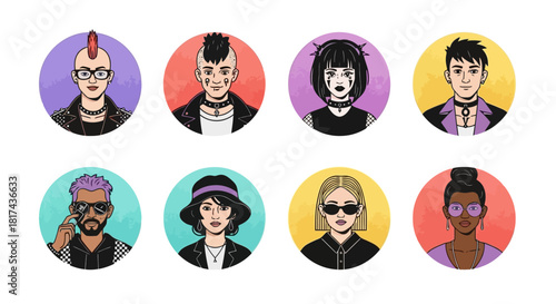 Diverse Collection of Round Portraits Featuring Individuals with Varied Hairstyles and Fashion Choices