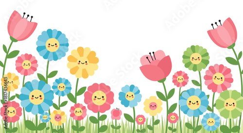 Cheerful garden of colorful flowers blooming with smiling faces, perfect for spring or summer themes