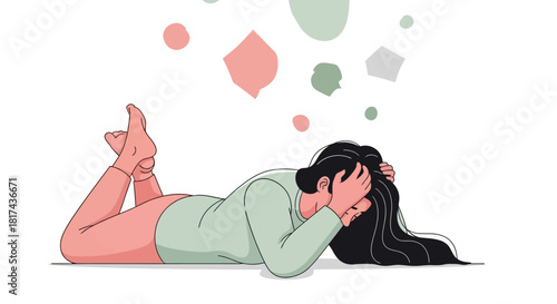 Illustration of a person lying down with their head in their hands, surrounded by abstract thought bubbles representing mental health challenges