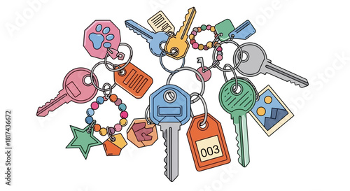 A colorful assortment of keys on a keyring, featuring various decorative charms and tags for organization and identification