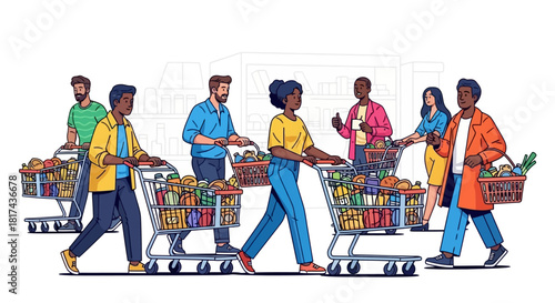 Vibrant illustration of a diverse community engaging in their weekly grocery shopping, showcasing full carts and a bustling retail environment