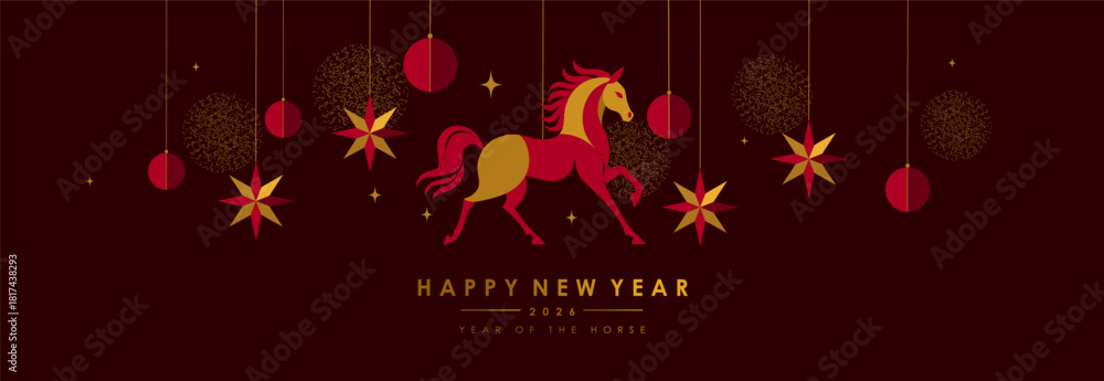 Fototapeta premium 2026. Chinese Year of the Horse. New Year 2026 modern abstract banner featuring a stylized horse, festive stars, ornament for holiday greetings, Chinese zodiac themes and luxury greeting card