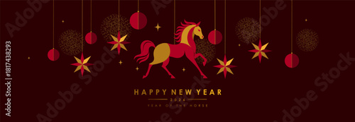 2026. Chinese Year of the Horse. New Year 2026 modern abstract banner featuring a stylized horse, festive stars, ornament for holiday greetings, Chinese zodiac themes and luxury greeting card