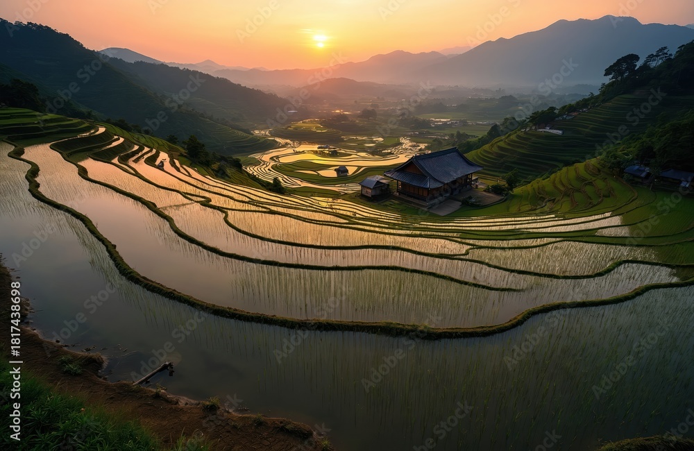 Obraz premium Terraced rice fields reflect golden sunset light near a traditional Asian village home. Lush green plants grow on steep hills. Farming landscape shows water pools, a peaceful evening view.