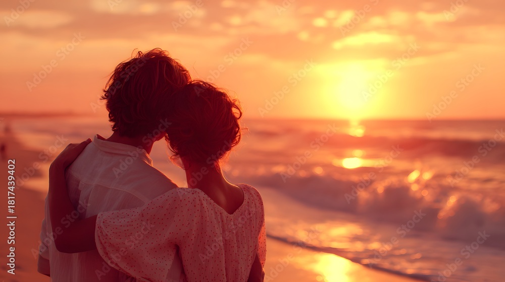 Fototapeta premium Romantic couple embracing on beach at sunset, enjoying beautiful ocean view.