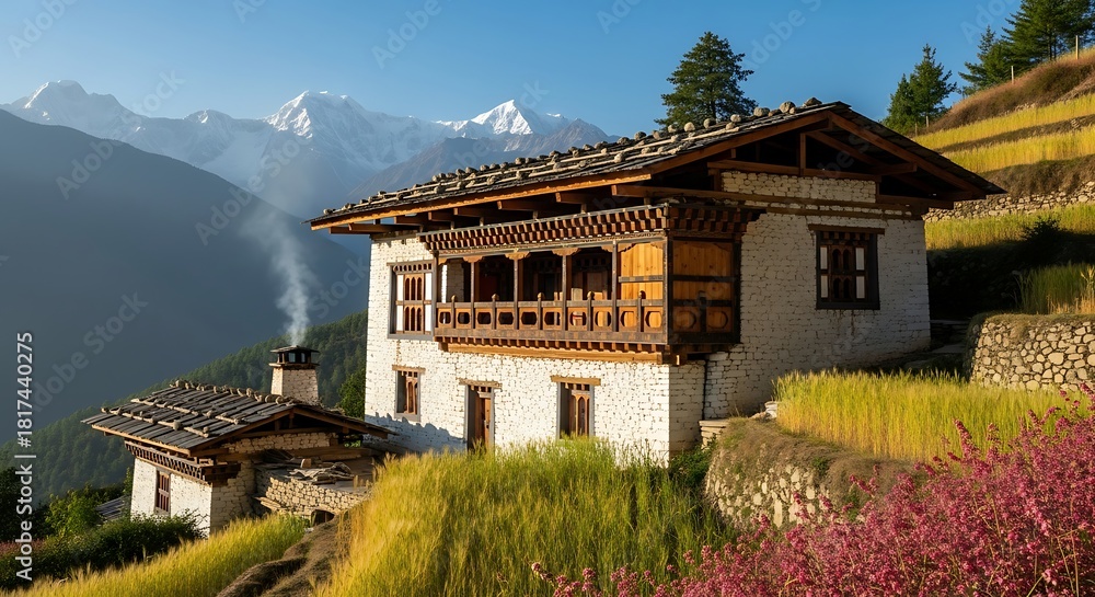 Fototapeta premium Picturesque Bhutanese Farmhouse Nestled in Lush Green Terraced Fields.