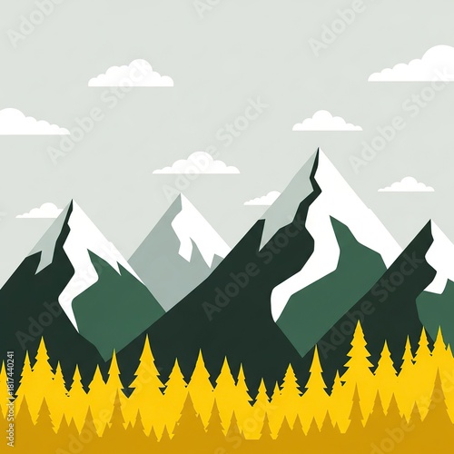 Stylized Snowy Mountain Range with Yellow Pine Forest Under Gray Sky with White Clouds