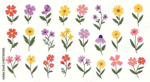 A collection of colorful flat design flowers with green stems and leaves on a white background.