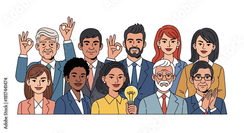 Diverse team of business people with positive gestures and expressions.