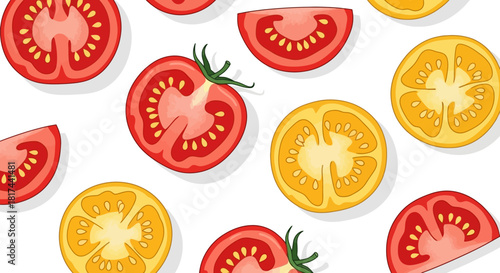 Vibrant pattern of fresh red and yellow tomato slices on a white background, showcasing healthy produce.