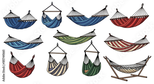 A collection of colorful hammocks and hammock chairs in various styles for outdoor relaxation.