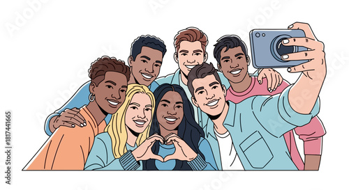 Diverse group of happy young friends taking a selfie together, smiling and posing for the camera.