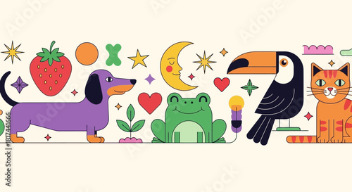 A whimsical illustration featuring a purple dachshund, a green frog, a toucan, and an orange cat alongside various playful elements.