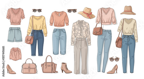 A collection of stylish women's casual outfits and accessories, including tops, jeans, bags, and shoes.