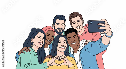 A diverse group of young friends happily taking a selfie together, capturing a moment of joy and connection.