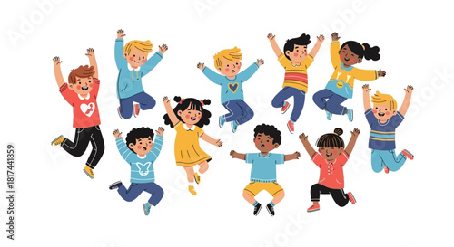 A group of happy, diverse children jumping with excitement and raised arms on a white background.
