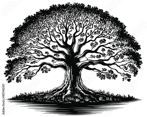 Ancient oak illustration featuring an intricate woodcut-style tree with sprawling branches, deep roots, forest background, and detailed shading for artistic or decorative designs.