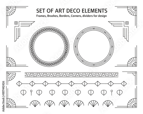 Deco Style Geometric Design Elements, including a Round and decorative design elements collection featuring geometric corners, circular ornaments, and vintage decorative dividers for elegant artwork.