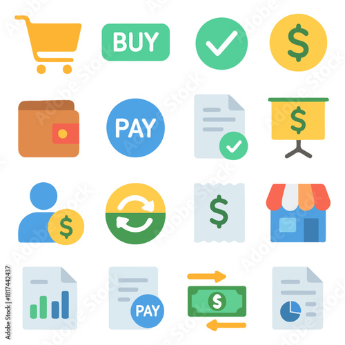 Financial Icons: An array of colorful financial icons representing various aspects of money management and transactions, perfect for illustrating financial concepts and business related topics.