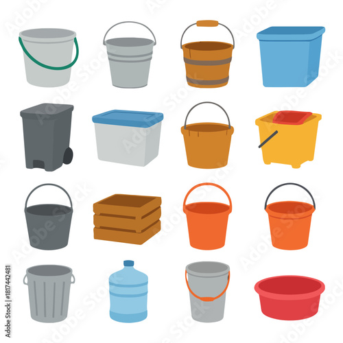 Buckets and Containers Variety: A diverse collection of various buckets and containers. Each vessel, from a classic metal bucket to a modern plastic bin, represents an everyday utility object.
