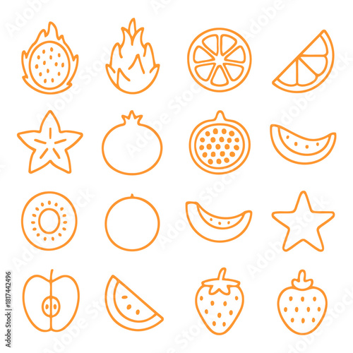 Collection of Tropical Fruit Outline: A vibrant collection of tropical fruits, meticulously illustrated with simple line art. Each fruit is clearly delineated.