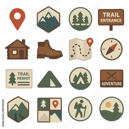 Adventure Icons Collection: A colorful and inviting collection of icons capturing the essence of outdoor adventure and exploration, ideal for travel and tourism resources.