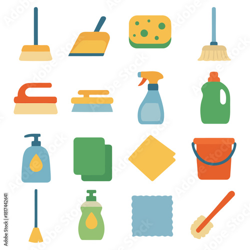 Cleaning Equipment Essentials: A vibrant collection of cleaning tools, each item a testament to home upkeep and hygiene. These tools are the foundation for a spotless and sanitary sanctuary.