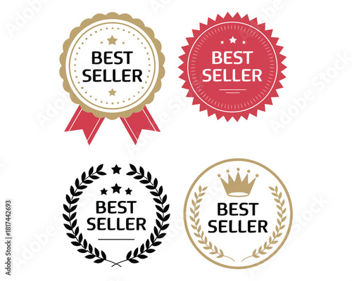 Best seller badge icon set featuring premium award labels, decorative laurel wreath emblems, golden ribbons, and modern certification stamp graphics for product branding.
