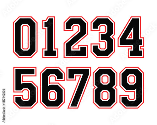 Collegiate jersey number set illustration featuring bold outlined varsity digits perfect for sports uniforms, typography projects, team branding and athletic graphic design themes.