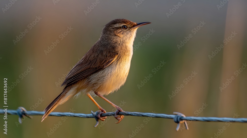Fototapeta premium Small brown bird perched on a barbed wire fence in a natural outdoor setting during daylight.